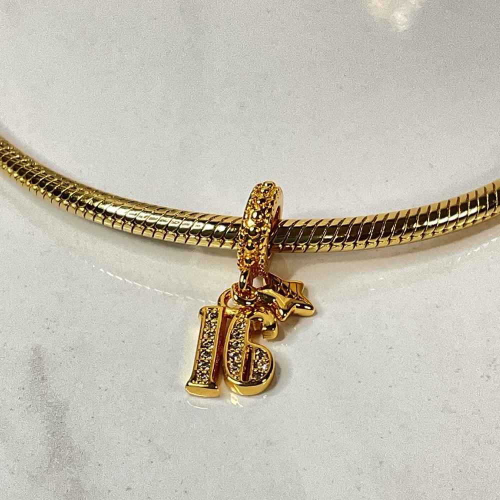 ππ 14K Gold Plated #16 Dangle Charm - Picture 3 of 5